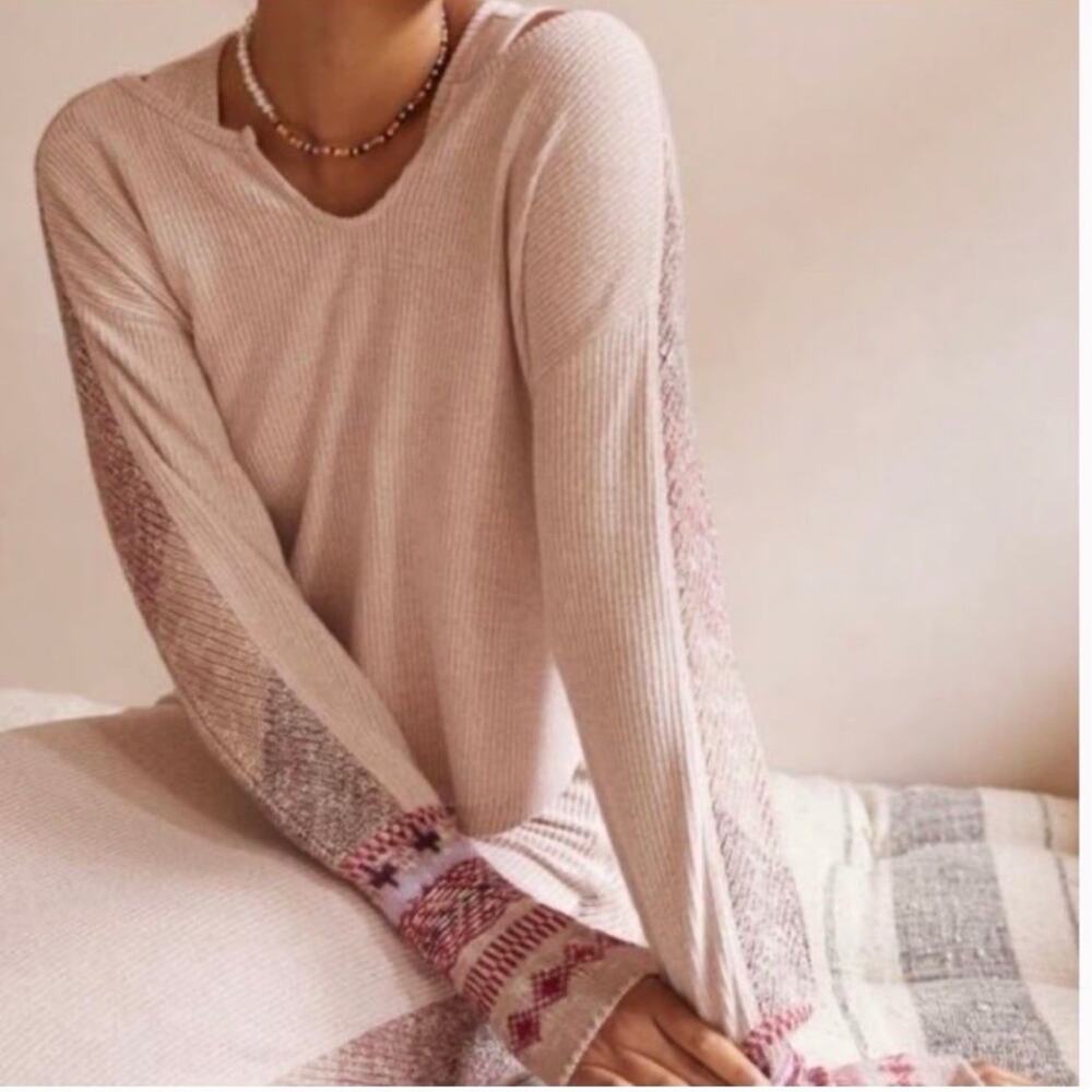 DAILY PRACTICE XS Pink Waffle Weave Knit Mixed Knit Sleeve Pullover Sweater
